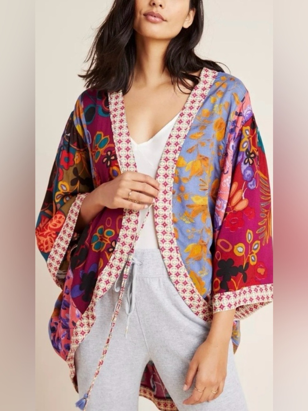 Anthropologie Women's Multicolor Floral Patchwork Kimono Poncho Style - M/L